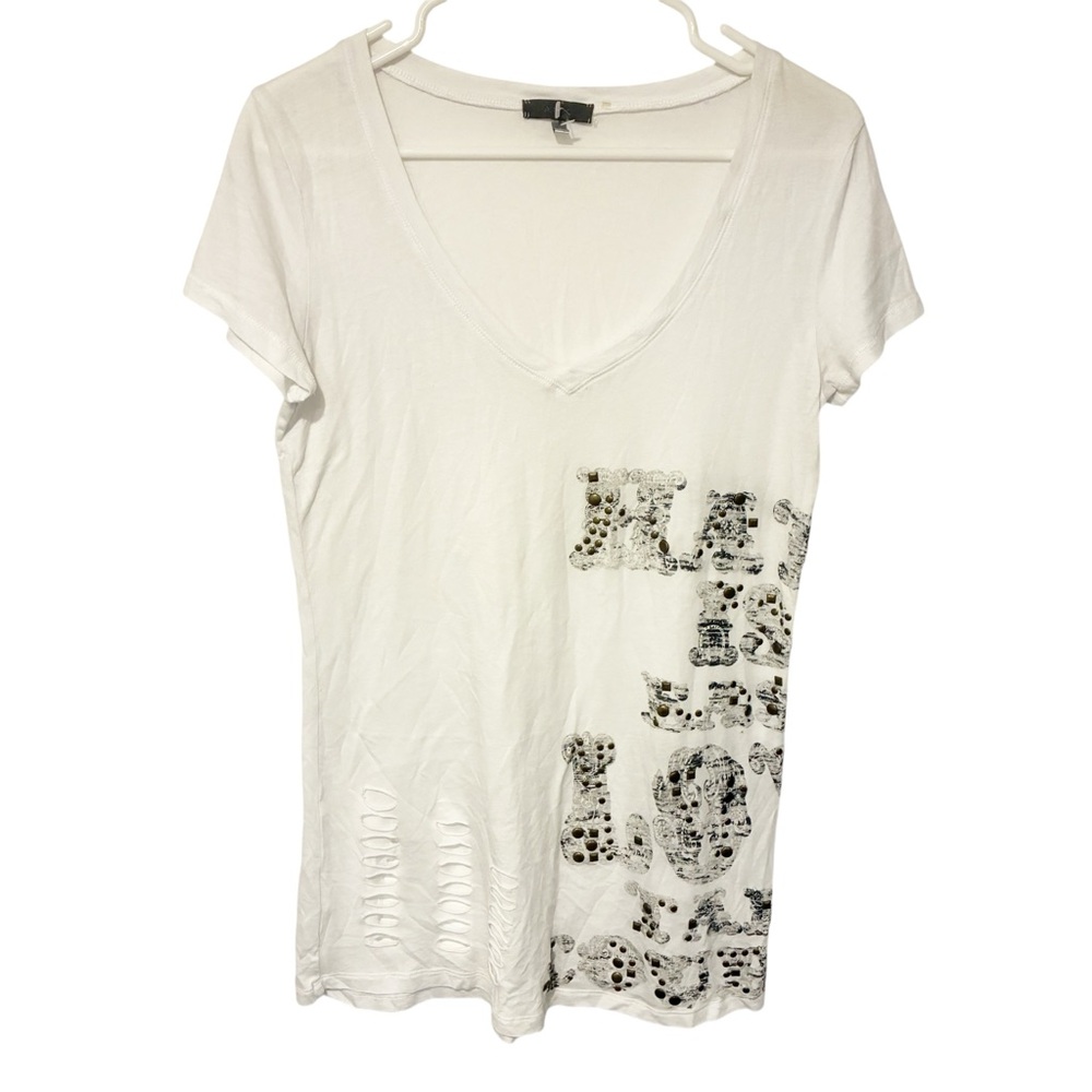 ANM White Distressed Silver‎ Studded Deep V Neck Tshirt Size Large